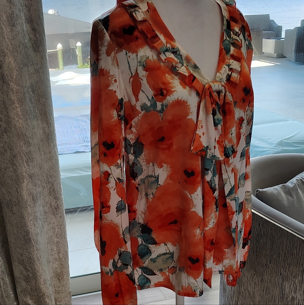 St. John Vibrant Floral Blouse in Orange and Teal - Picture 2 of 11